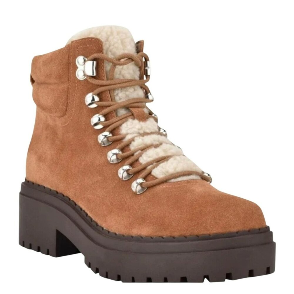 Marc Fisher Nairy Suede Lace-Up Shearling Hiking Boots Womens 7M Cognac